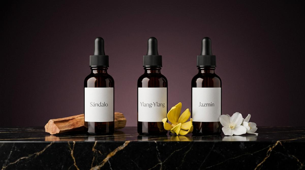 Tres frascos de aceites esenciales de Sándalo, Ylang-Ylang y Jazmín sobre mármol negro con vetas doradas.