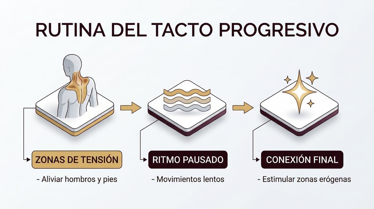 Diagrama isométrico con las tres fases del tacto progresivo para inducir una relajación profunda y estimulación sensorial.