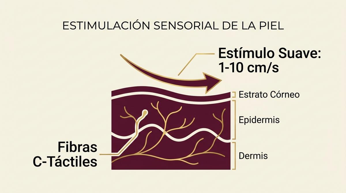 Diagrama explicativo de la estimulación de las fibras C-táctiles de la piel y la velocidad óptima de deslizamiento de un masaje corporal.