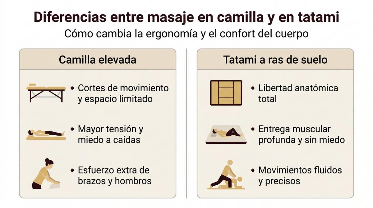 Infografía comparativa entre masaje en camilla elevada y masaje en tatami a ras de suelo.