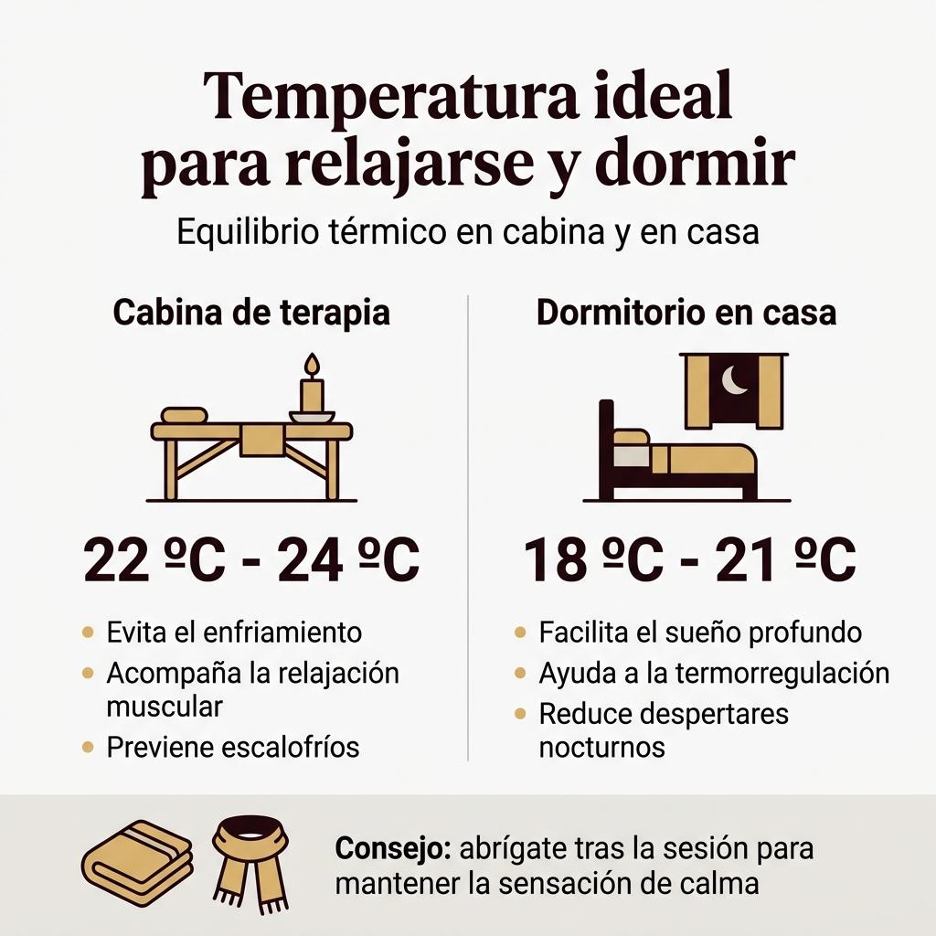 Infografía que compara la temperatura ideal en la cabina de masaje y en el dormitorio para favorecer el sueño