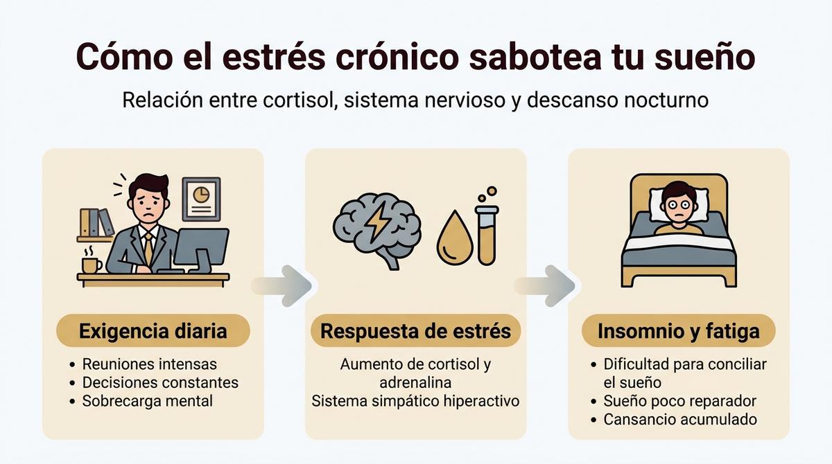 Infografía que muestra cómo el estrés crónico conduce al insomnio mediante la activación del sistema nervioso y el aumento de cortisol