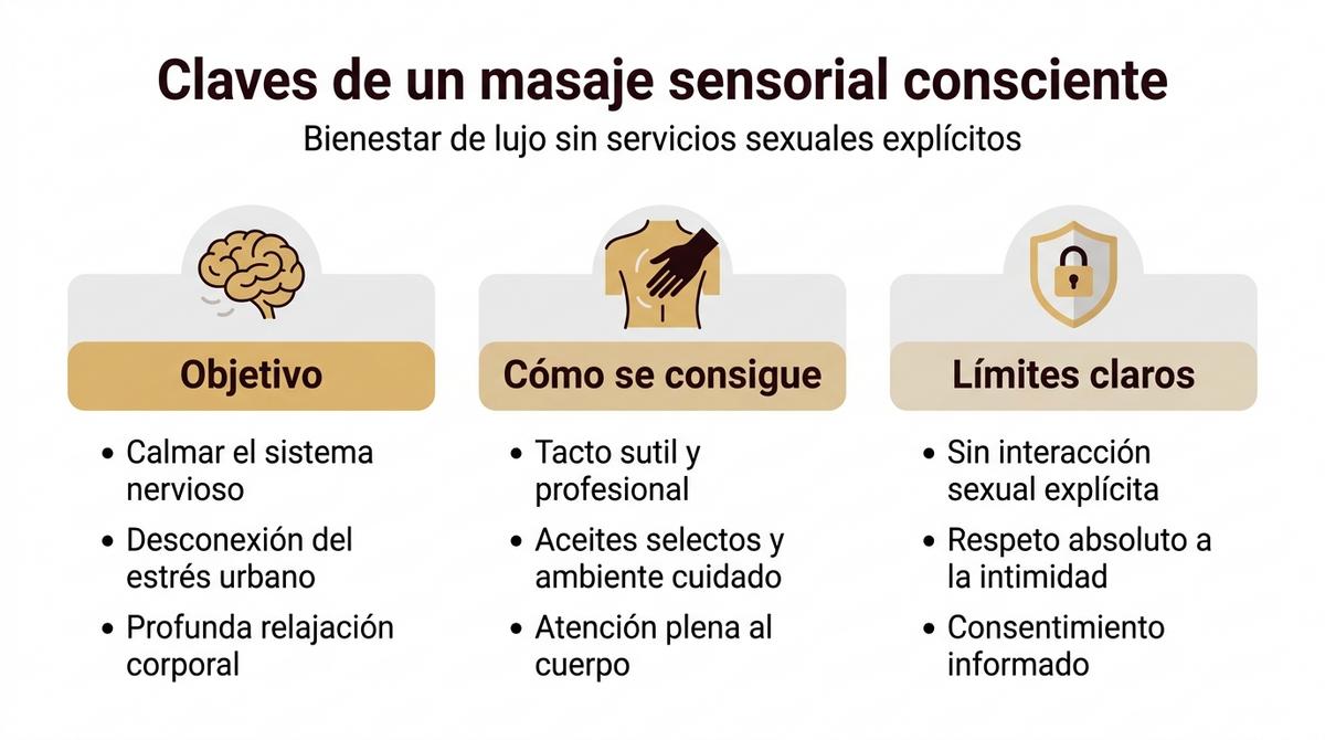 Infografía que resume las claves de un masaje sensorial consciente y no sexual.