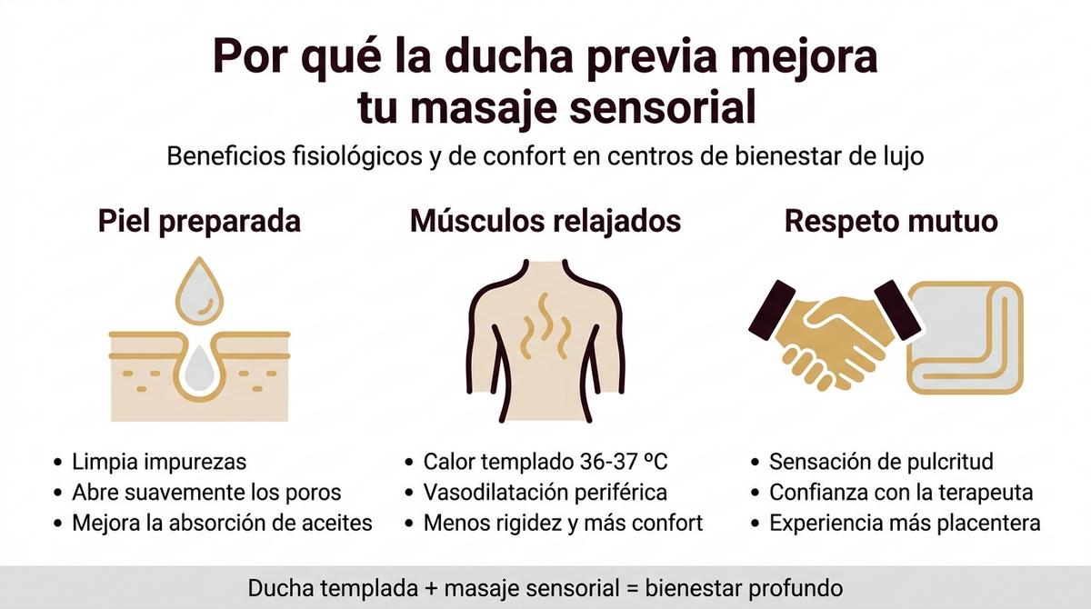 Infografía que resume los beneficios de ducharse antes de un masaje sensorial de lujo