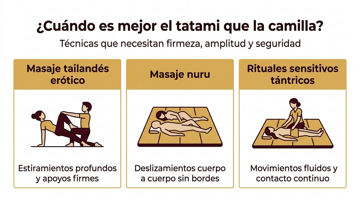 Infografía que resume técnicas de masaje en las que el tatami ofrece más ventajas que la camilla.