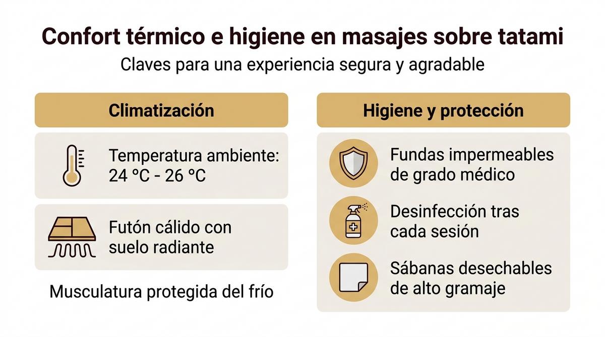 Infografía sobre temperatura ideal e higiene en masajes realizados sobre tatami a ras de suelo.