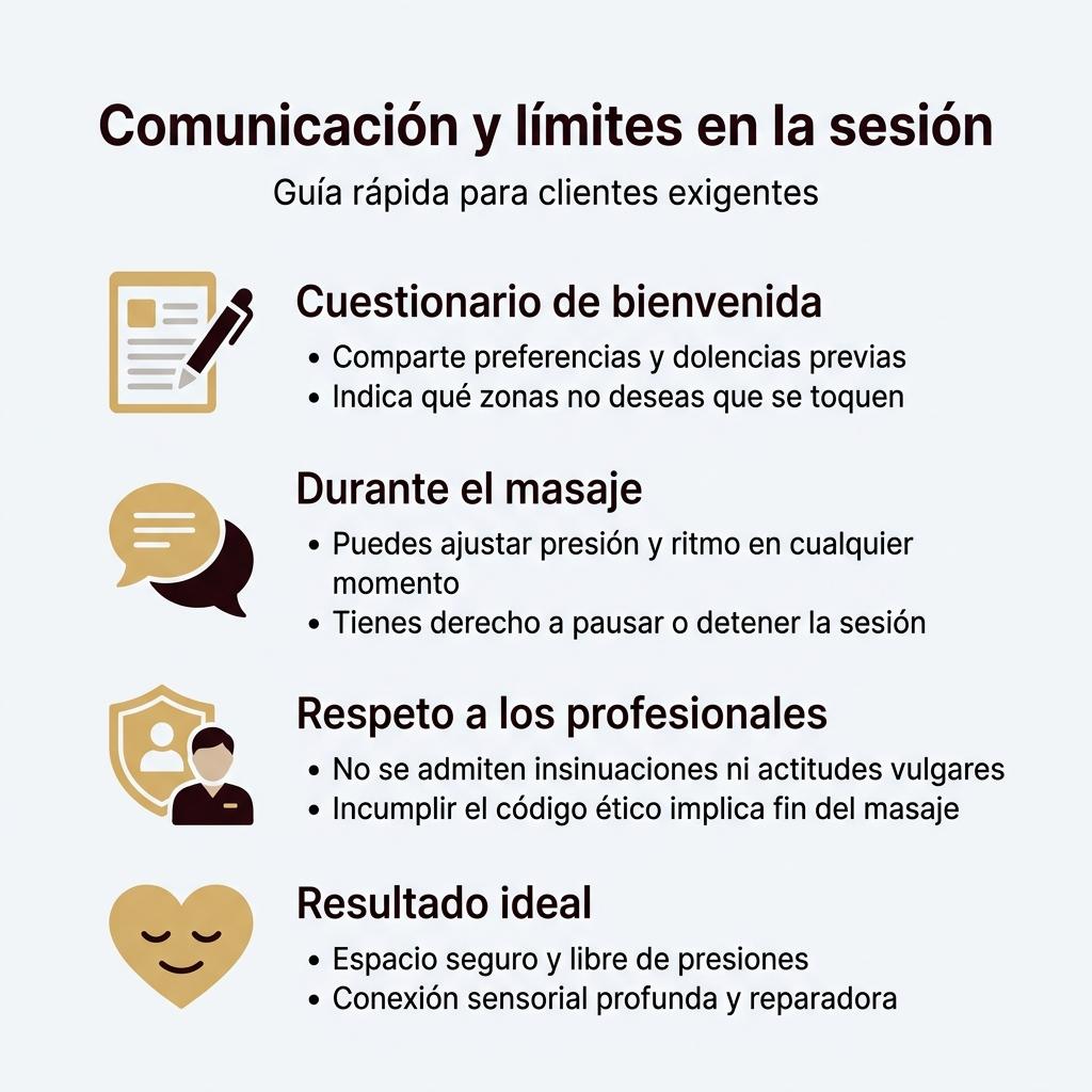 Infografía tipo checklist sobre comunicación y límites de respeto en un masaje sensorial.