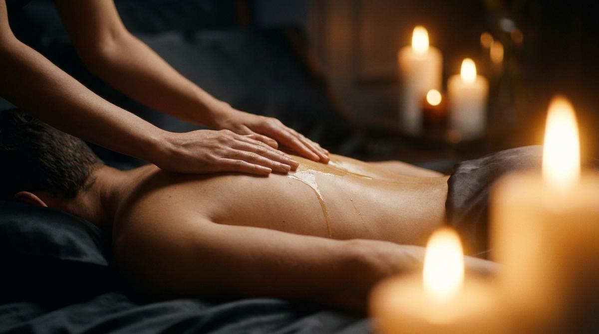 Detalle fotográfico de un masaje sensitivo premium con aceite sobre la espalda de un hombre en un spa de lujo.