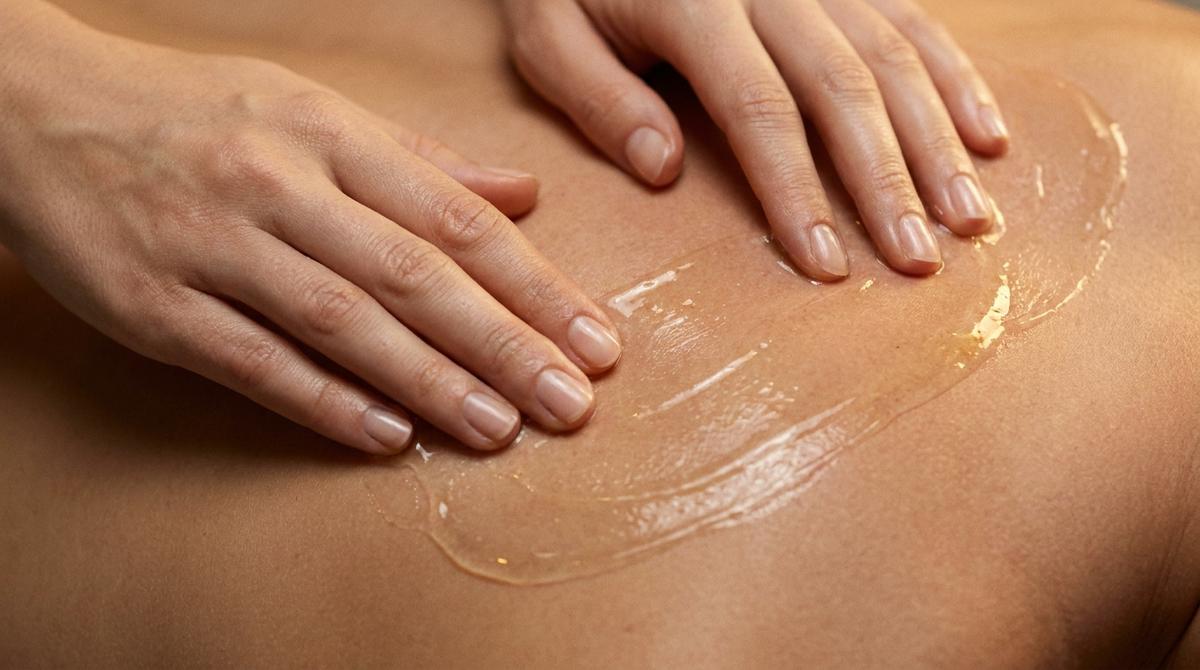 Plano detalle de manos femeninas deslizando gel sensitivo sobre la piel de la espalda de un hombre