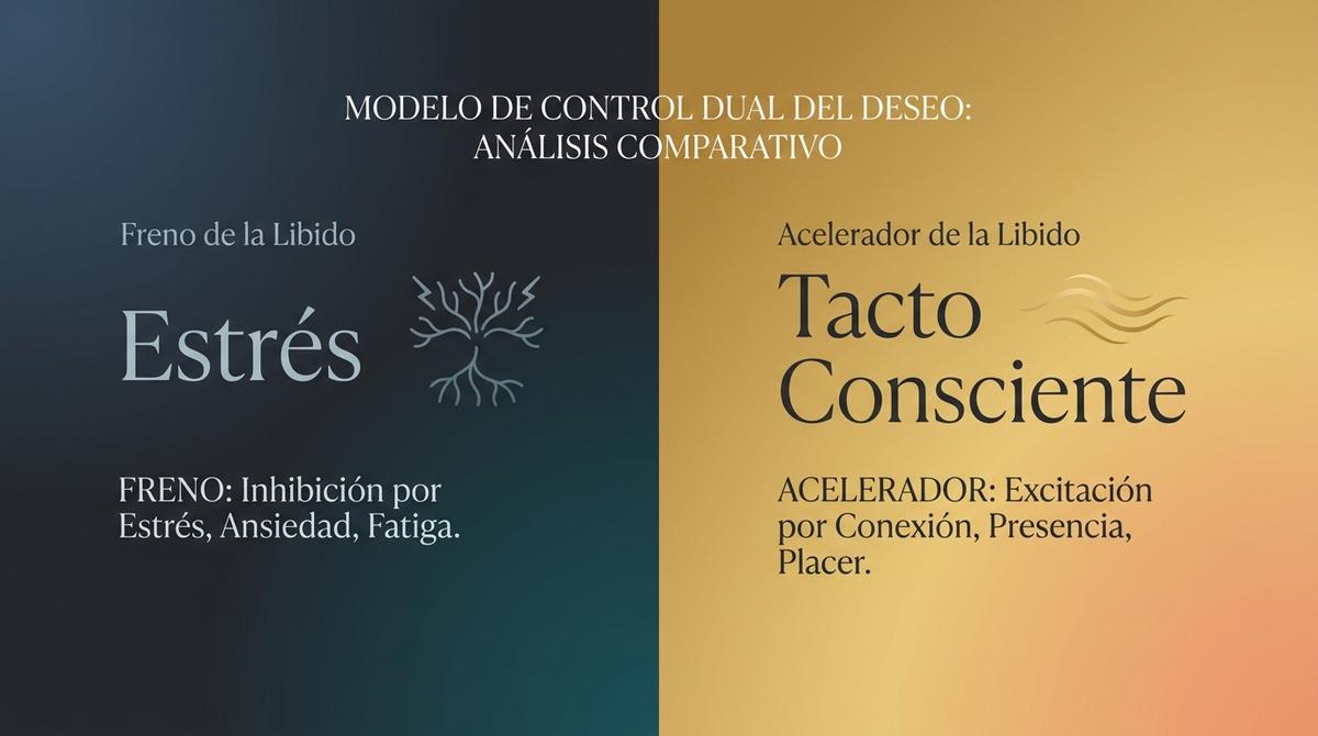 Esquema comparativo del Modelo de Control Dual que ilustra el impacto del estrés frente al tacto consciente.