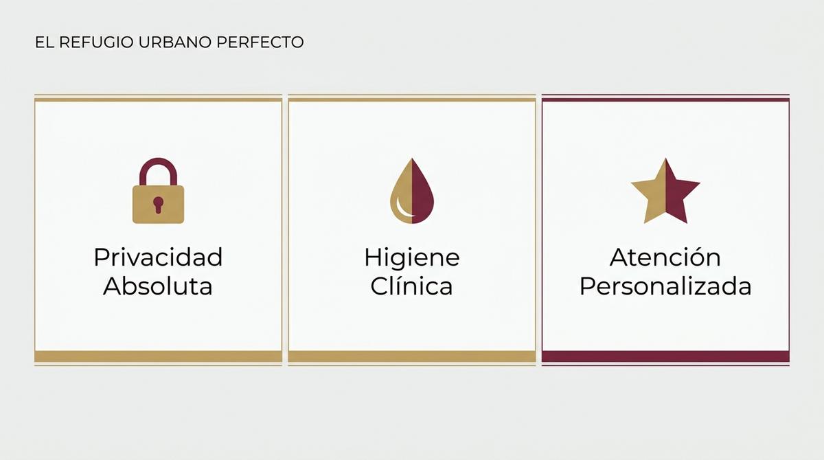 Esquema gráfico estilo dashboard de los beneficios de privacidad e higiene en un centro de desconexión urbano