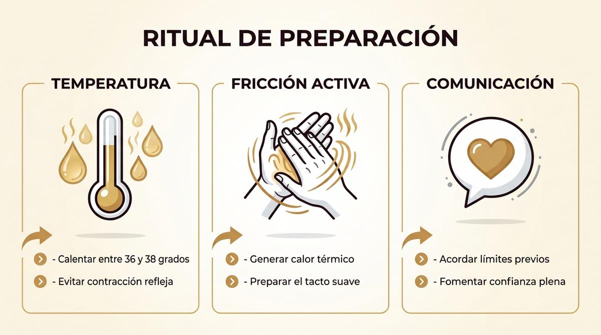 Infografía de preparación para el masaje masculino con pautas de temperatura, fricción de manos y comunicación.