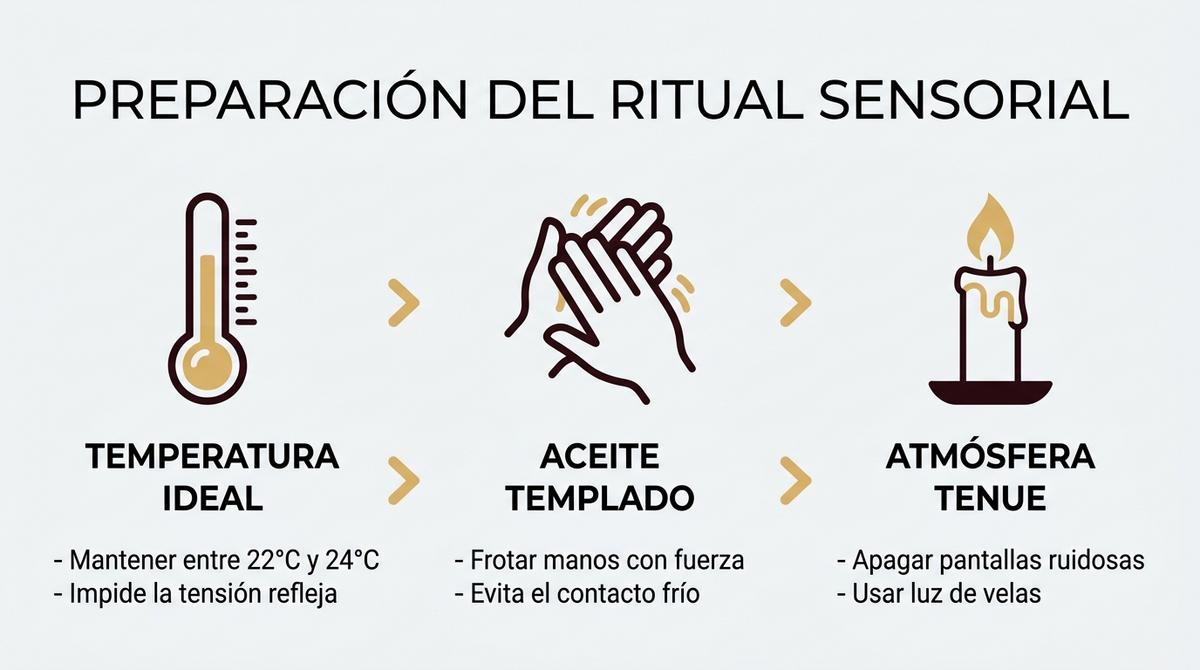 Infografía vectorial explicativa sobre cómo preparar el ambiente y el aceite para una sesión de masaje sensual en pareja.