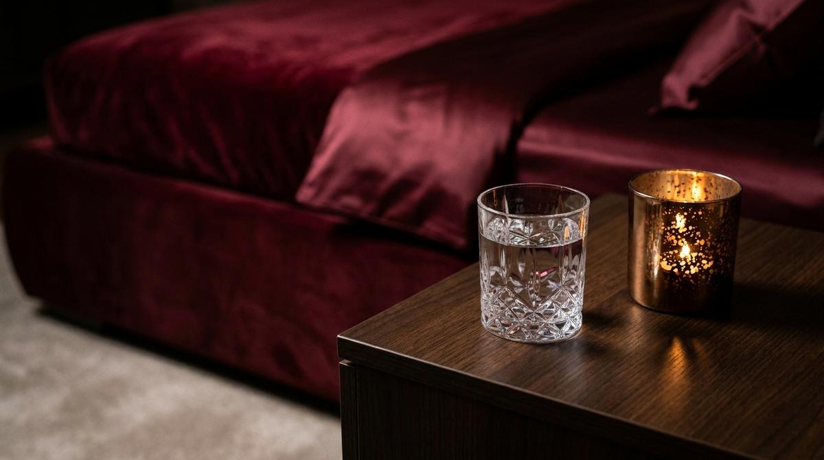 Bodegón íntimo con vela encendida sobre mesa de madera oscura y fondo desenfocado de cama con sábanas borgoña en una suite privada.