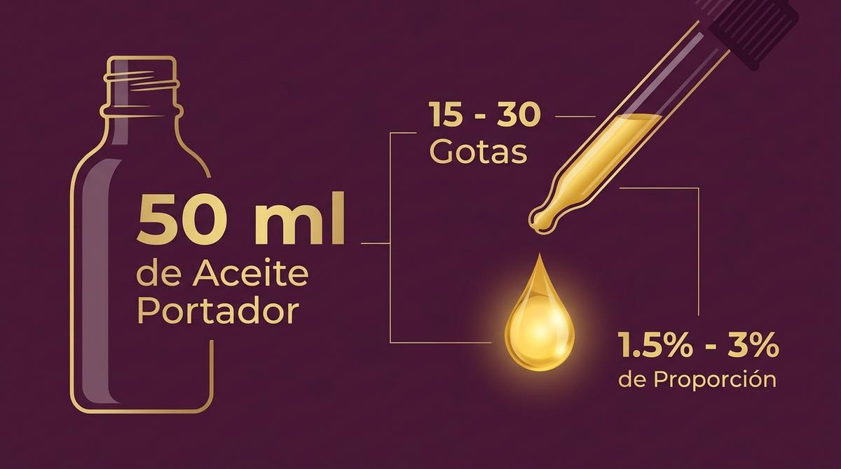 Diagrama explicativo de la proporción de mezcla segura para aceites de masaje, 15 a 30 gotas en 50 ml.