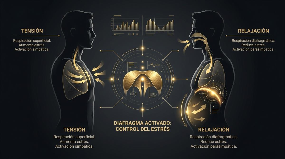 Diagrama analítico de la respiración diafragmática mostrando el flujo de aire y la relajación muscular.