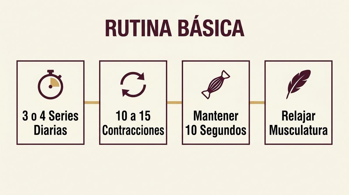 Diagrama de flujo mostrando los cuatro pasos de la rutina básica del ejercicio Kegel.