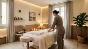 Sala De Masaje Sensorial De Lujo Con Camilla Preparada Toallas Blancas Y Terapeuta Ajustando Lenceria Desechable Sin Mostrar El Rostro