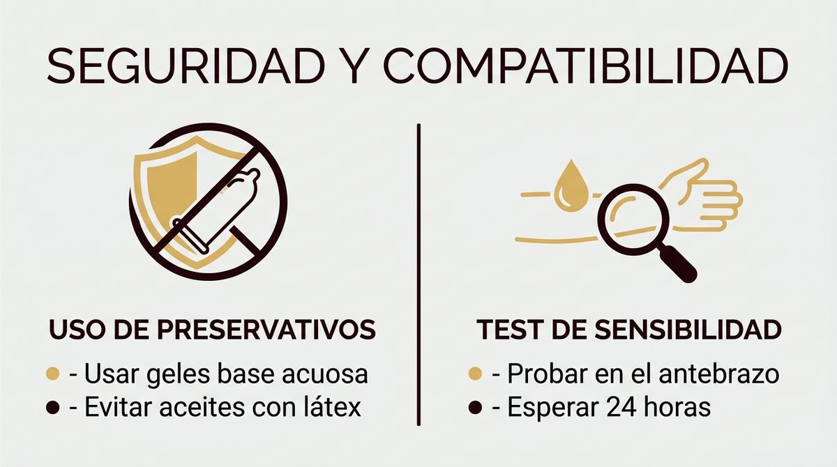 Infografía de seguridad sobre el uso de aceites compatibles con preservativos y el test de alergia cutánea.