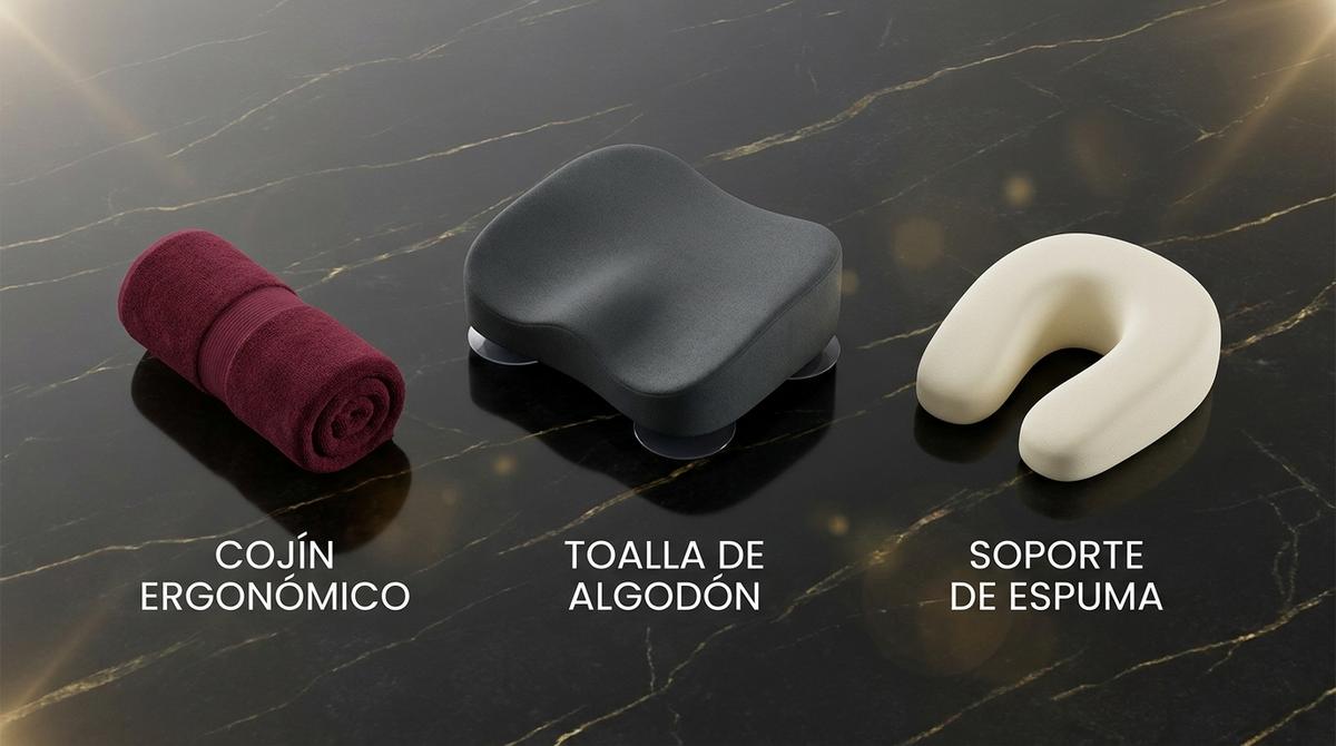 Soportes cervicales recomendados para masajes ergonómicos en la bañera: cojín, toalla y reposacabezas de espuma.