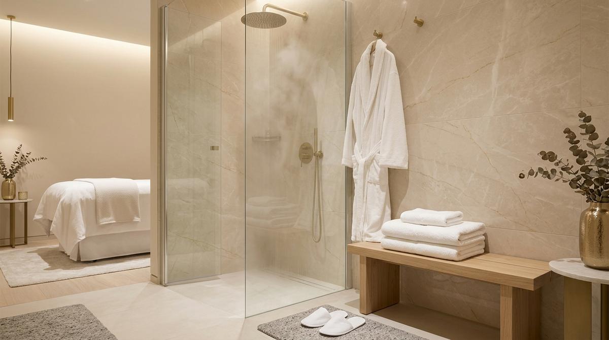 Suite de masaje de lujo con ducha tipo spa, toallas dobladas y albornoz blanco listo para el cliente