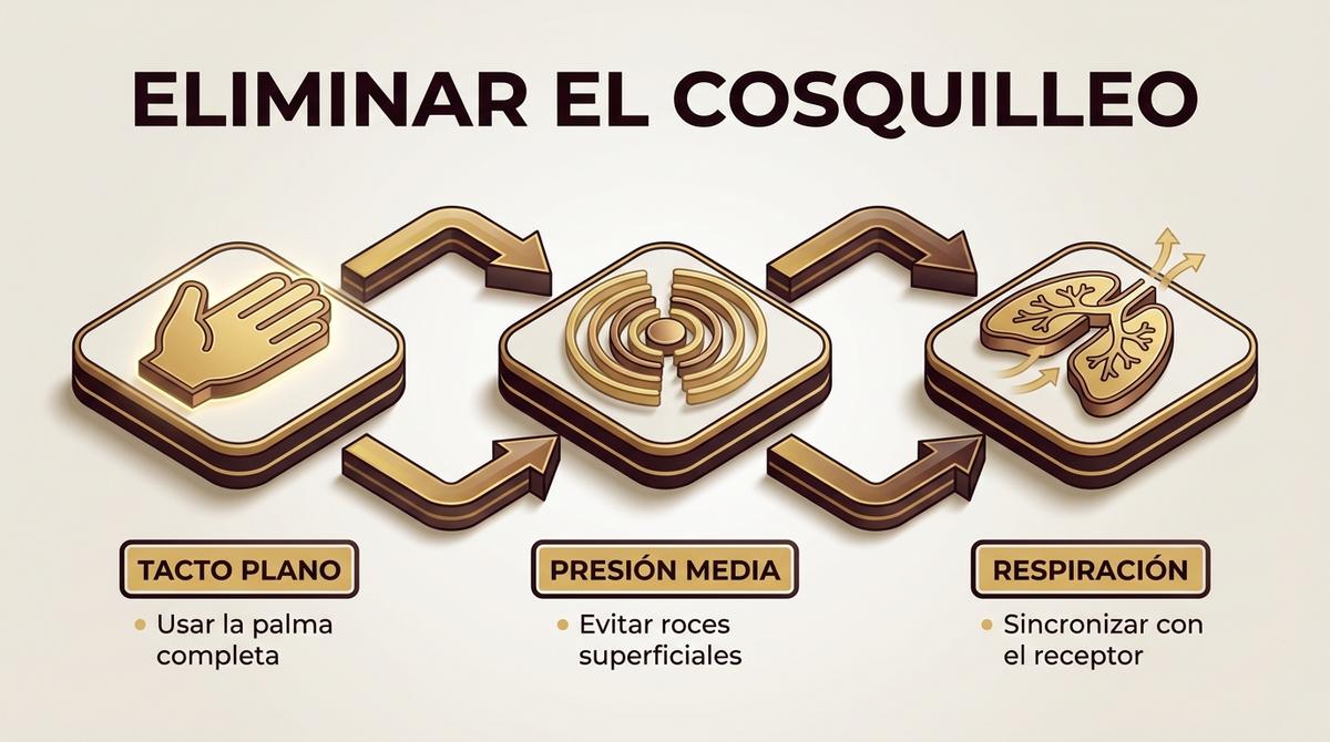 Diagrama isométrico que muestra las técnicas para masajear zonas sensibles masculinas sin causar cosquilleos.