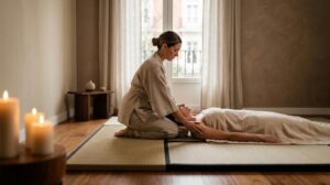 Terapeuta De Masaje Sensorial Trabajando Sobre Un Tatami A Ras De Suelo En Una Suite De Bienestar De Lujo