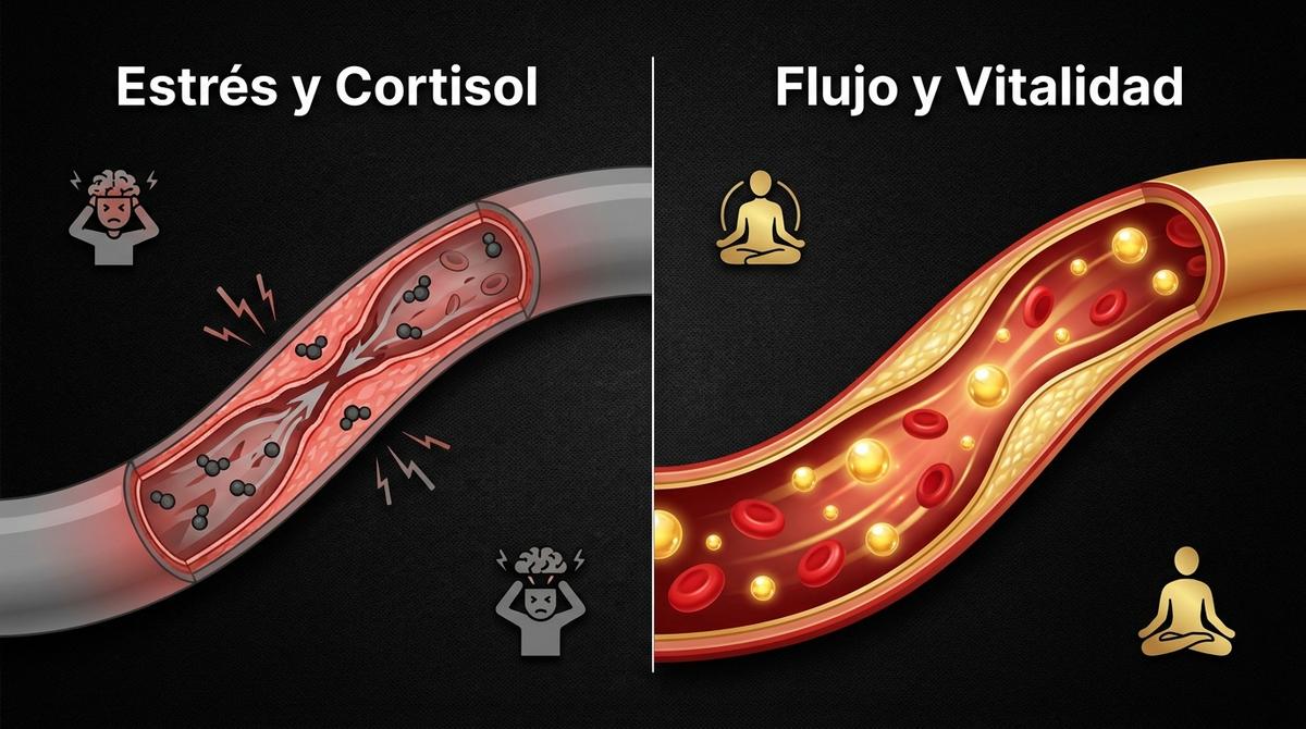 Diagrama analítico comparativo del flujo sanguíneo afectado por el estrés frente al flujo sanguíneo optimizado por nutrientes.