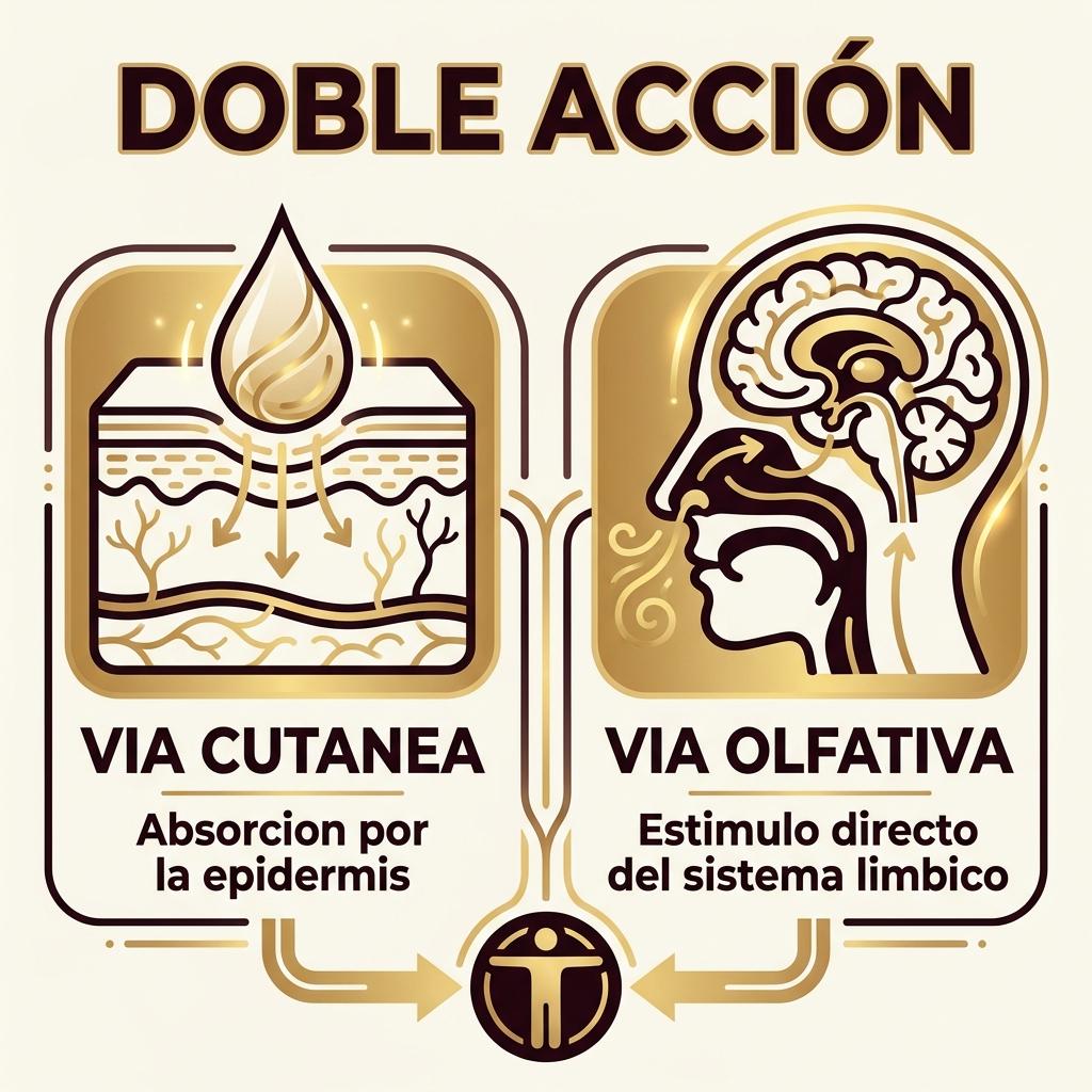 Infografía que ilustra la doble acción de los aceites esenciales por vía cutánea y vía olfativa