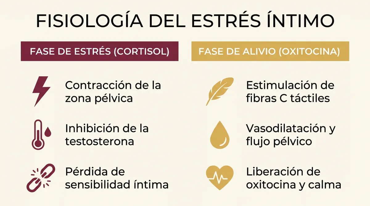 Infografía comparativa que detalla los efectos de la sobrecarga de cortisol frente a la liberación de oxitocina mediante masajes sensoriales.