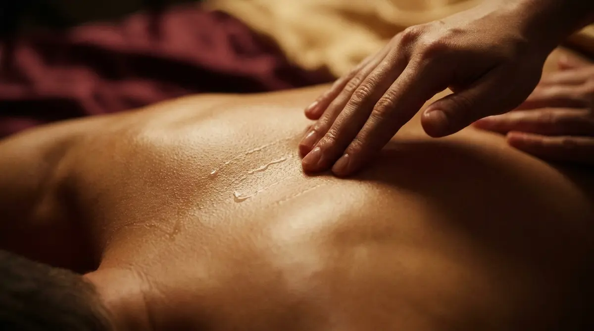 Primer plano de caricias lentas y sutiles con aceite templado sobre la espalda de un hombre durante un masaje de relajación profunda.