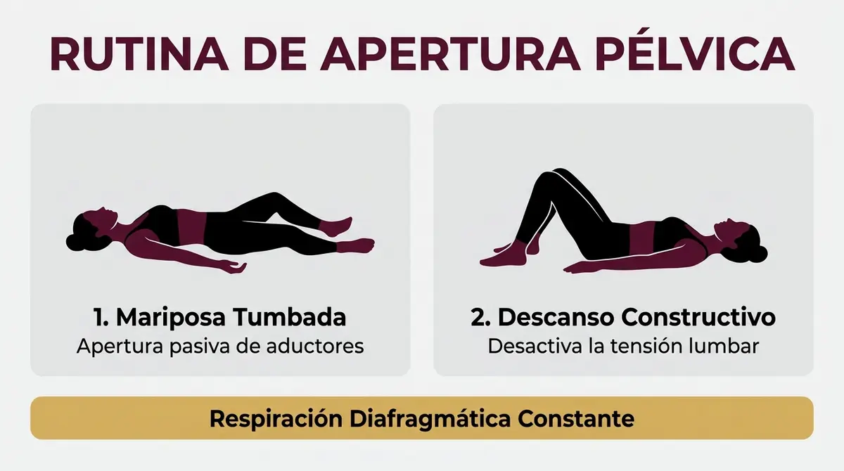 Infografía paso a paso con las posturas de mariposa tumbada y descanso constructivo para el suelo pélvico.