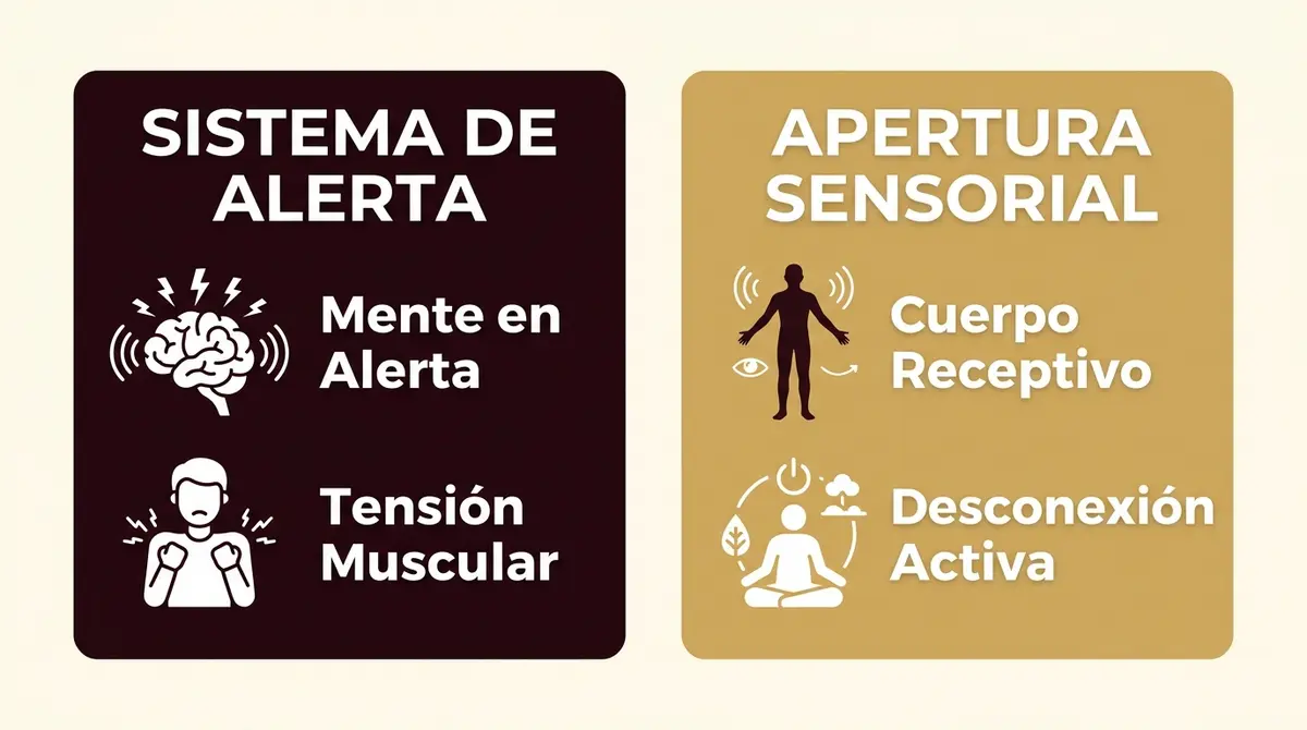 Infografía comparativa sobre la transición de la alerta mental a la receptividad sensorial.