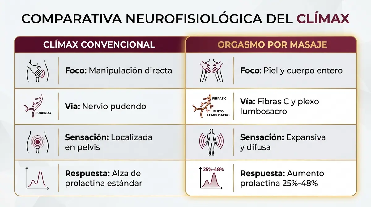 Tabla comparativa infográfica entre el clímax convencional y el orgasmo por masaje corporal.