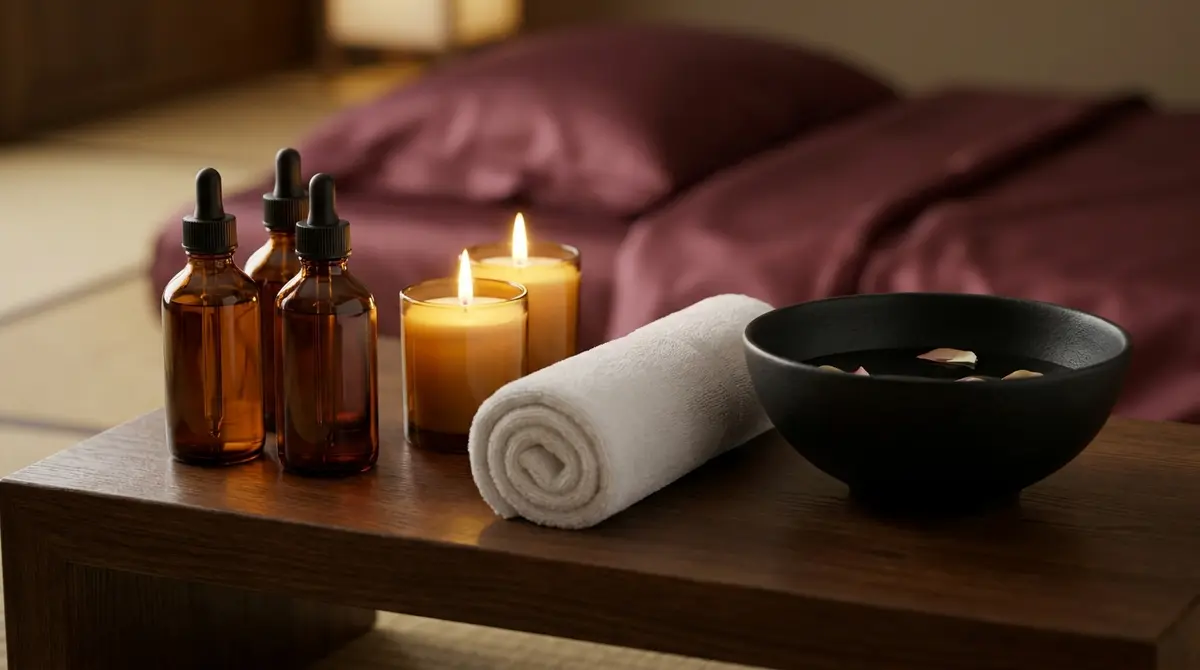 Bodegón sensorial de relajación con aceites botánicos, velas de cera de soja y toallas de lino en suite privada