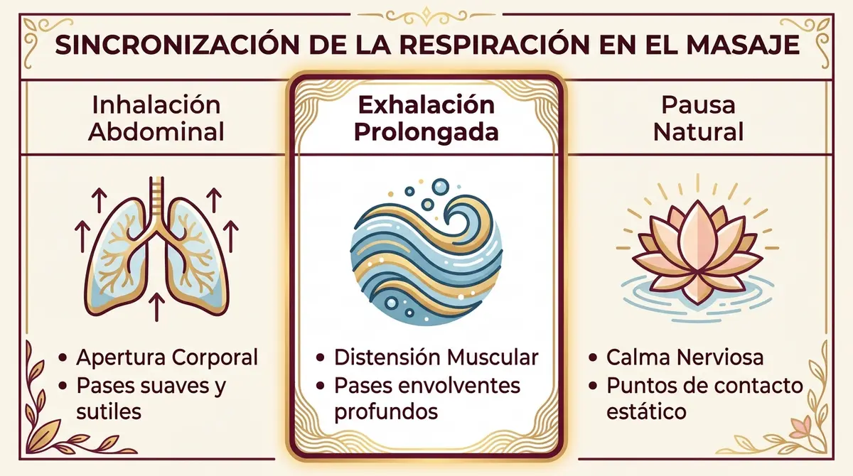 Infografía técnica sobre las fases de la respiración y adaptación de pases en el masaje tántrico