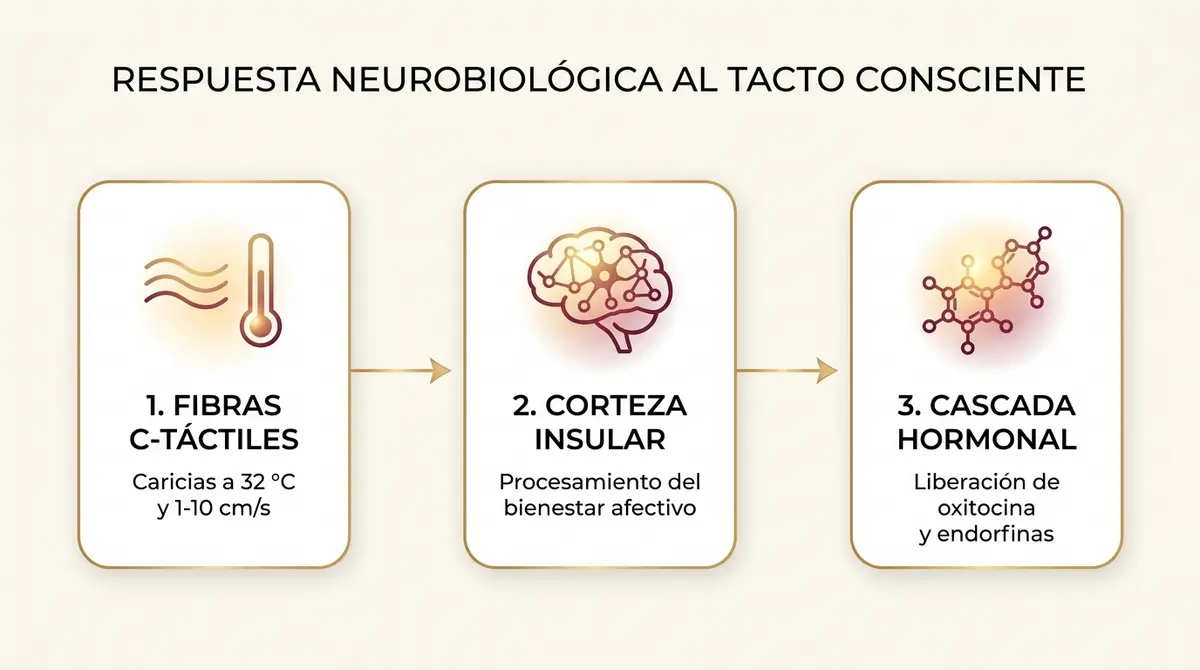 Diagrama infográfico del proceso neurobiológico del tacto consciente y activación de fibras C-táctiles.