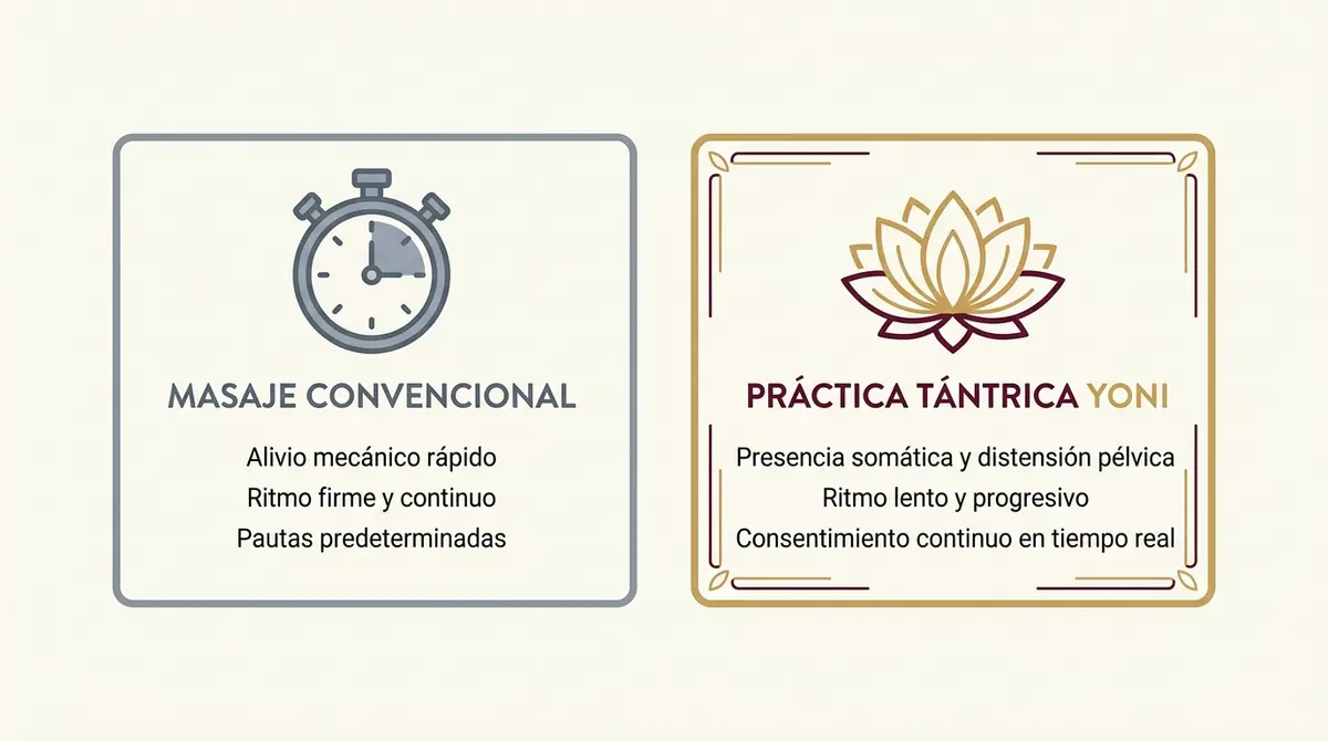 Tabla comparativa entre masaje convencional y práctica tántrica Yoni