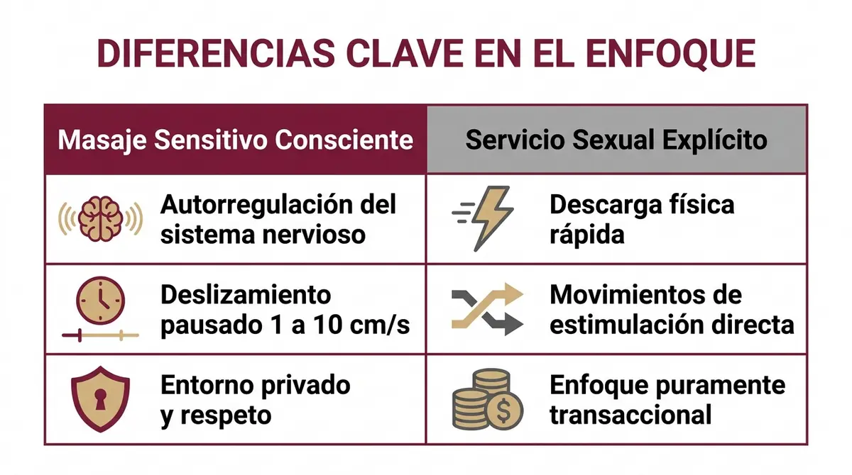 Tabla infográfica comparativa entre el masaje sensitivo consciente y los servicios sexuales tradicionales.