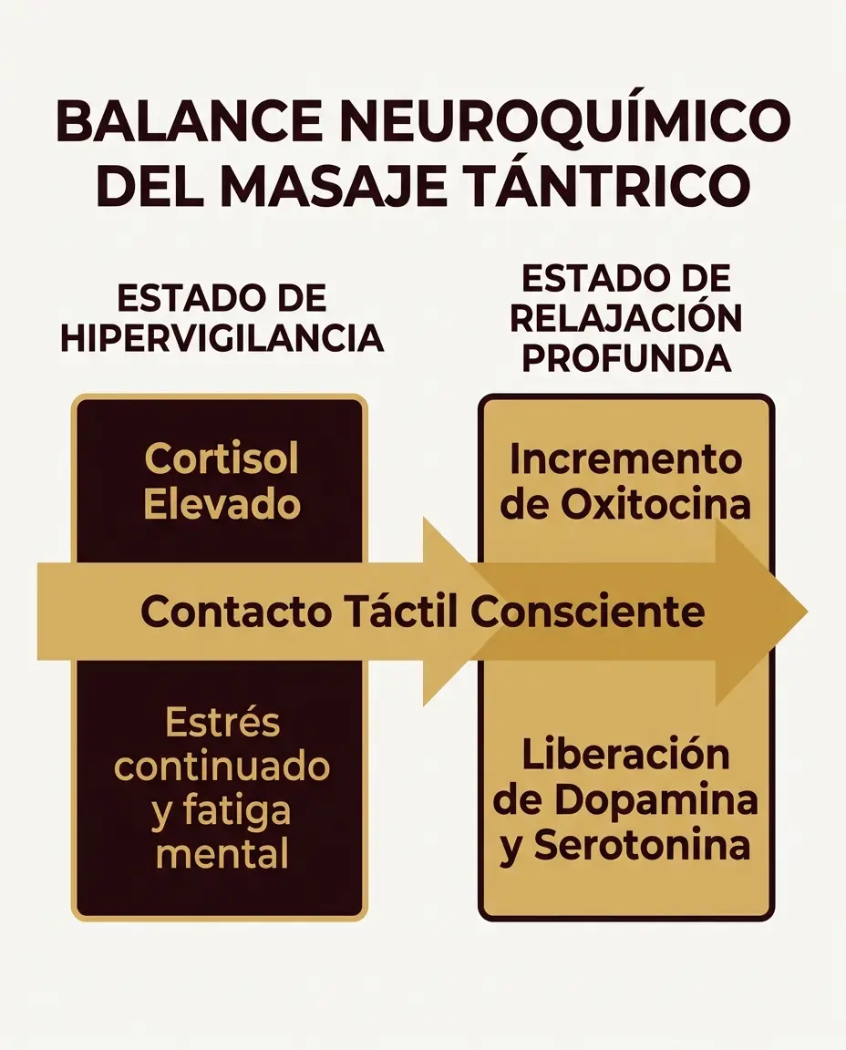 Esquema de modulación hormonal que muestra el descenso de cortisol y el aumento de oxitocina durante el masaje tántrico