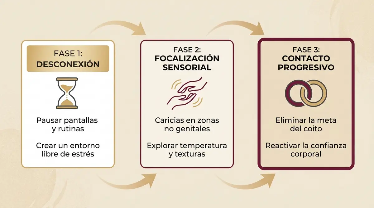Diagrama secuencial con las tres fases prácticas para recuperar la intimidad y la sintonía corporal