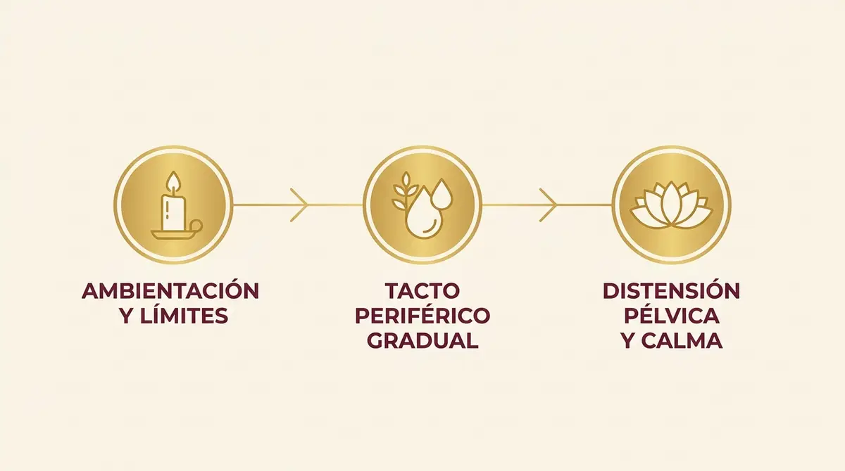 Diagrama de flujo del protocolo secuencial de tacto consciente en una sesión de bienestar tántrico