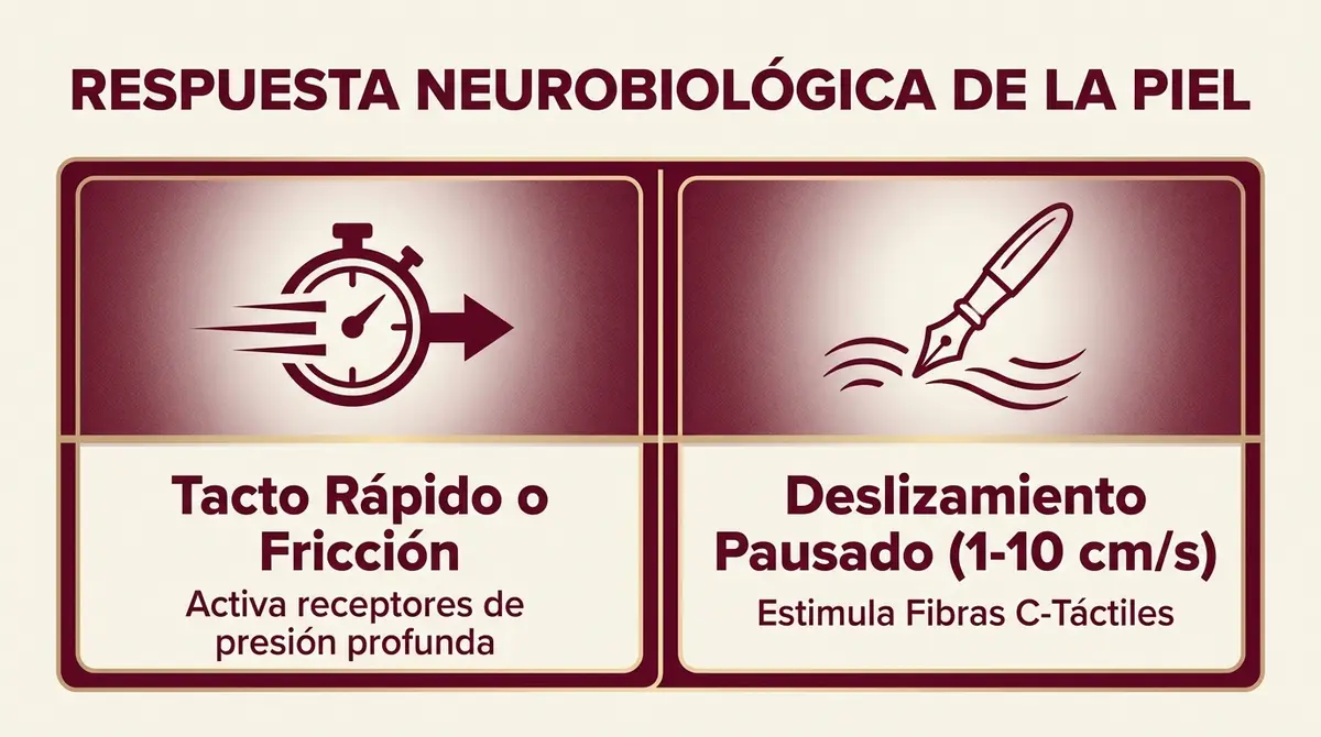 Infografía explicativa sobre la activación de las fibras C-táctiles mediante el deslizamiento pausado frente al tacto rápido.