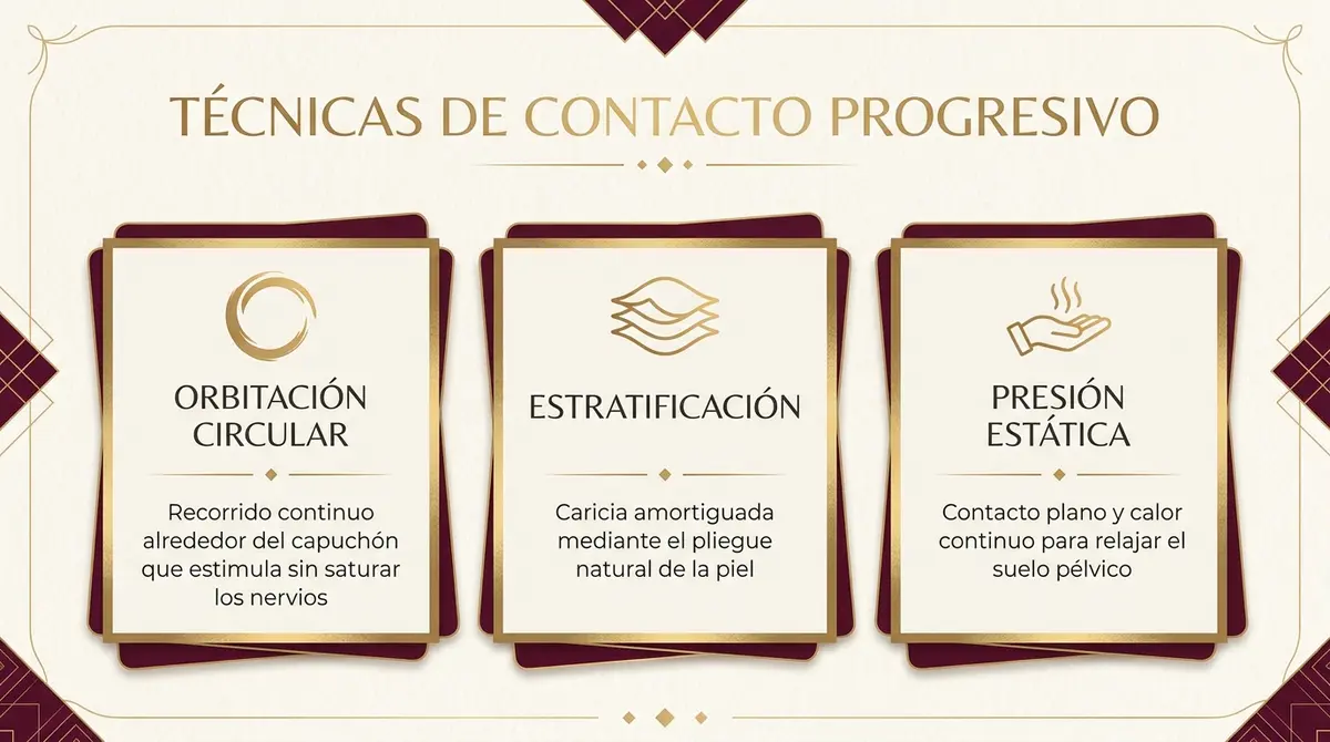 Dashboard infográfico de técnicas de contacto progresivo y modulación del tacto para masajear el clítoris