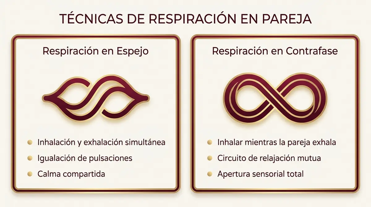 Diagrama comparativo de técnicas de respiración consciente para sesiones de masaje en pareja